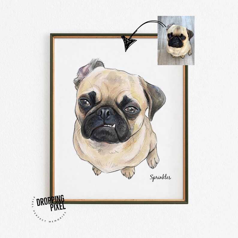 May include: A framed watercolor portrait of a pug dog. The artwork features the dog in a seated position, with a detailed rendering of its facial features and fur. The dog's name, "Sprinkles," is written in cursive. A smaller photo of the dog is in the upper right corner.