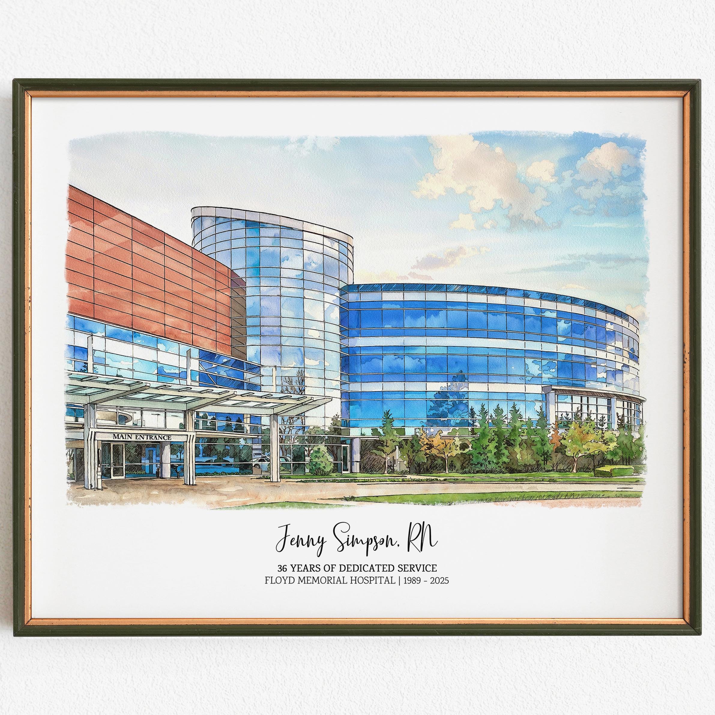 Nurse Retirement Gift Watercolor Painting Portrait Of Hospital, Personalized Retirement Gift, Medical student Or Doctor Workplace Painting