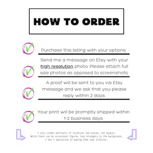May include: A white background with the text "HOW TO ORDER" in black. Below, instructions are listed with checkmarks, including sending a high-resolution photo and replying to proofs within 2 days. The print ships in 1-2 business days. The text also states the artist specializes in portraits of locations.