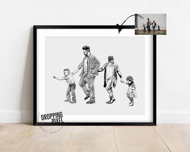 Portrait de famille à partir d'une photo, dessin personnalisé en noir et blanc, illustration de famille pour cadeau de pendaison de crémaillère, croquis personnalisé à partir d'une photo image 3