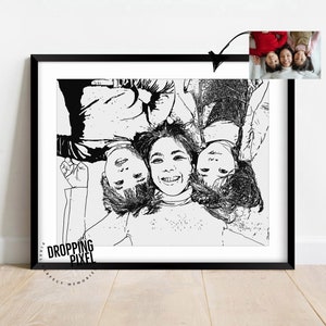 Portrait de famille à partir d'une photo, dessin personnalisé en noir et blanc, illustration de famille pour cadeau de pendaison de crémaillère, croquis personnalisé à partir d'une photo image 9