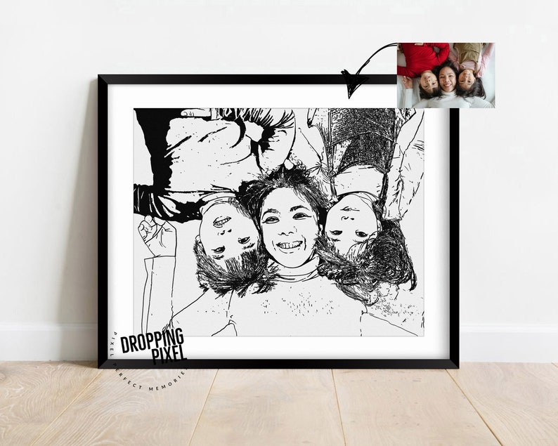 Portrait de famille à partir d'une photo, dessin personnalisé en noir et blanc, illustration de famille pour cadeau de pendaison de crémaillère, croquis personnalisé à partir d'une photo image 9