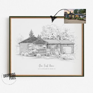 May include: A framed black and white line art drawing of a single-storey house with a garage and front porch. The text "Our First Home" and "1517 S LOVELAND ST. BOISE, ID" is printed below the house illustration. A small colour photo is inset.