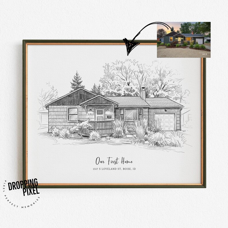 May include: A framed black and white line art drawing of a single-storey house with a garage and front porch. The text "Our First Home" and "1517 S LOVELAND ST. BOISE, ID" is printed below the house illustration. A small colour photo is inset.
