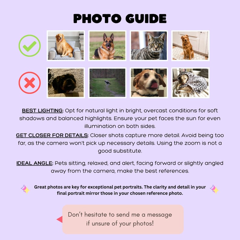 May include: A photo guide with examples of good and bad pet portrait photos. Text includes tips on lighting, detail, and angle for the best results. The guide encourages clear, detailed photos for exceptional pet portraits.