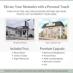 May include: Image comparing an original photo of a building with a "Scoops and Smiles" sign to a custom art version. The text reads "Elevate Your Memories with a Personal Touch". Included free: blue skies, green grass, sign removal.