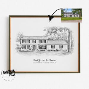 May include: A black and white pencil sketch of a two-storey house with a large tree in the front garden, framed in a dark border. The text reads Thank You For The Memories and 2230 RADFORD ST NW. NORTH CANTON, OH. A small colour photo is inset above.