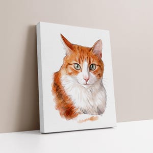 May include: Watercolor painting of a ginger and white cat on a canvas. The cat has green eyes and a pink nose. The artwork is displayed on a white background, with a neutral wall in the background.