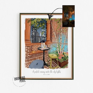 May include: A framed art print depicts a cozy outdoor scene with a table, chairs, and city skyline view. The artwork features a brick wall, birch trees, and the text "A perfect evening under the city lights".
