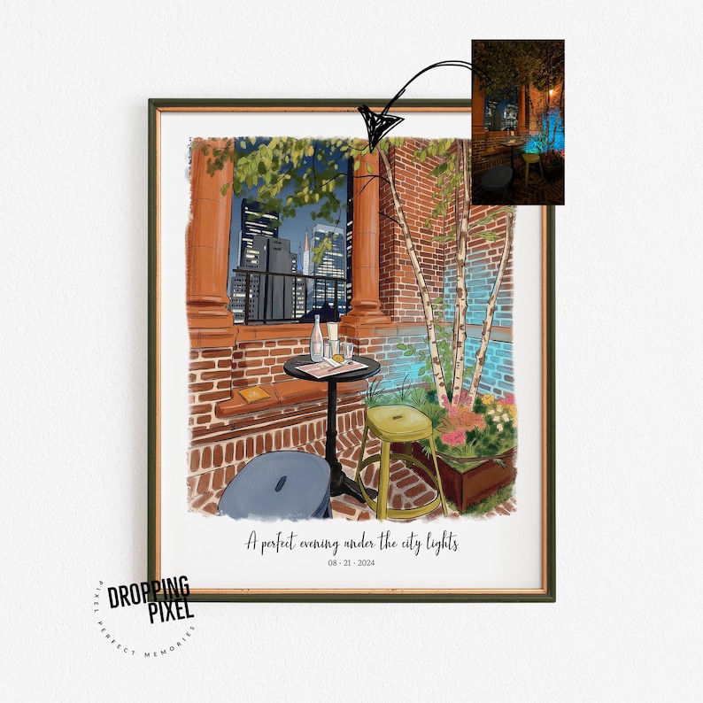May include: A framed art print depicts a cozy outdoor scene with a table, chairs, and city skyline view. The artwork features a brick wall, birch trees, and the text "A perfect evening under the city lights".