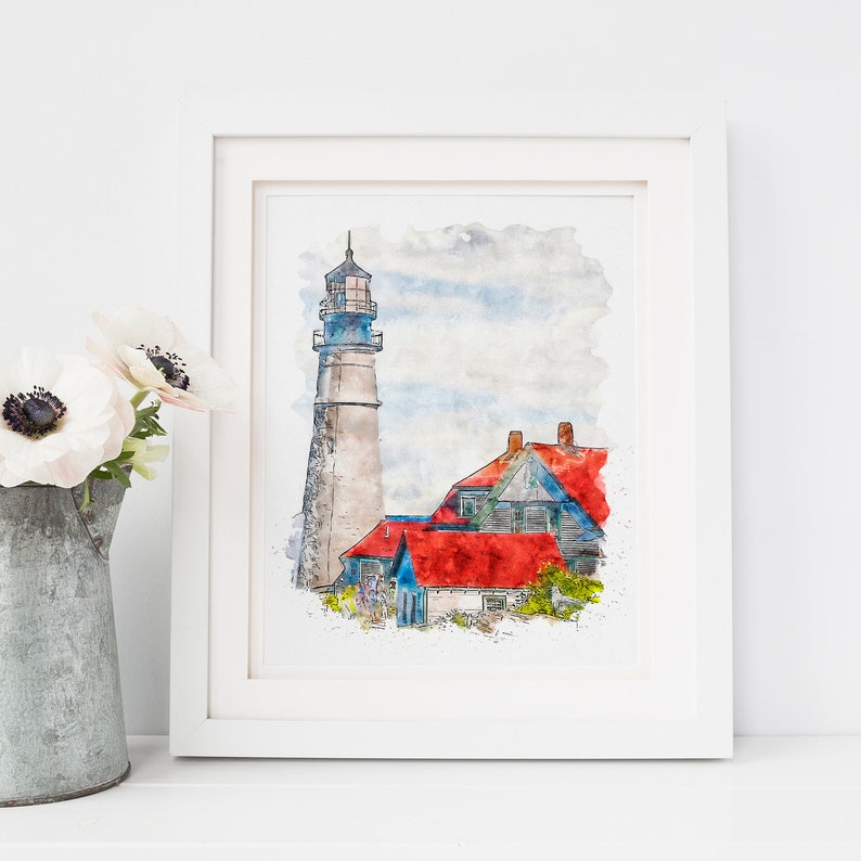 Lighthouse Printable, Lighthouse Watercolor, Lighthouse Wall Decor, Lighthouse Wall Art, Lighthouse Art, Portsmouth, Coastal Print image 4