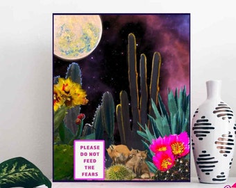 Foxes full-moon desert starry night collage art printable with "do not feed the fears" sentiment by Chicana artist from Los Angeles