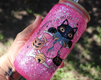 Pink Iridescent Glitter Snowglobe Tumbler | Suspended Glitter Snowglobe Tumbler | Foiled Decals | Skeleton, Cats, Inspiring Quotes