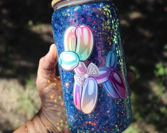 Pink Iridescent Glitter Snowglobe Tumbler | Suspended Glitter Snowglobe Cup | Foiled Decals | Balloon Dog, Not Enough Sage, Skeleton, F This