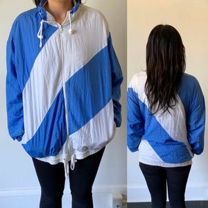 1980&#39;s Blue and White Striped Women&#39;s Nylon Track Jacket Vintage 80&#39;s Blue Windbreaker by Chaus Sport
