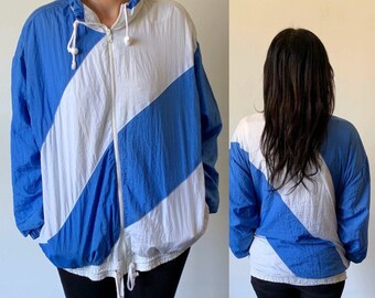 1980&#39;s Blue and White Striped Women&#39;s Nylon Track Jacket Vintage 80&#39;s Blue Windbreaker by Chaus Sport