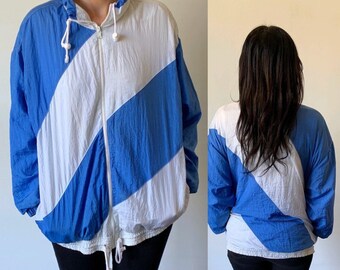 1980's Blue and White Striped Women's Nylon Track Jacket Vintage 80's Blue Windbreaker by Chaus Sport