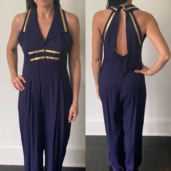 60s Black Gold Trm Nautcal Jumpsut Vntage Long Sleeve Salor Belted Wde Leg Jumpsut - Etsy