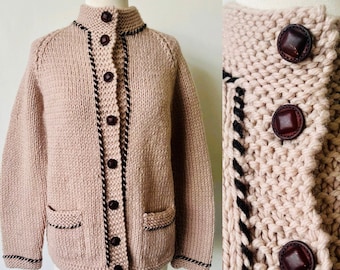 Vintage Hand Knit Blush Pink and Black Cardigan Sweater 1990’s Hand Made Pink Cardigan Jumper 90’s Preppy Button Down Cardigan