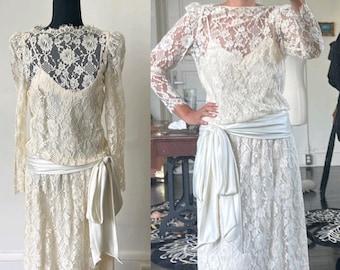 Vintage Lace Maxi Dress 1980’s Puff Sleeve Cream Lace Dress 80’s Sheer White Lace Maxi Dress