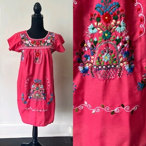 Vintage Pink Oaxaca Embroidered Dress 1970’s Mexican Boho Dress 70’s Hippie Bohemian Oaxacan Dress