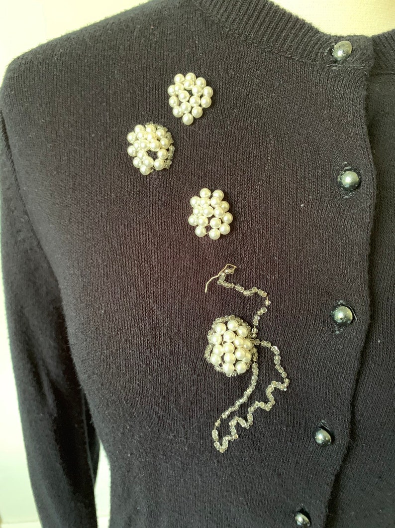 1950/'s Beaded Pearl Black Cardigan Sweater Vintage 50/'s Pearl Beaded Cardigan Jumper