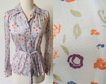 Vintage Polyester Floral Boho Blouse 1970's 70's Silver Disco Button Down Blouse