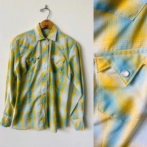 Vintage chemise à carreaux femme vintage Western Wear chemise Ranch pour femmes des années 1970 porter chemise à carreaux jaune et bleu des années 70 haut country western