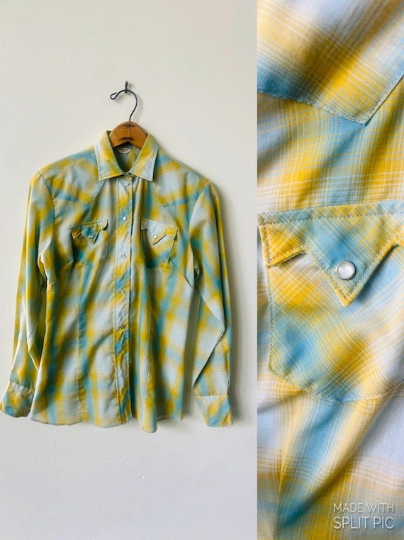 Vintage Women’s Plaid Snap Button Western Wear Shirt 1970’s Women’s Ranch Wear Yellow and Blue Plaid Shirt 70’s Country Western Top
