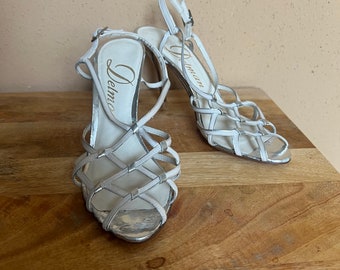 Vintage Delman Creme und Silber Leder Heels 70er Jahre Sling Back Disco Heels 70er Größe 7 Heels