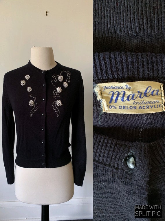 1950's Beaded Pearl Black Cardigan Sweater Vintage