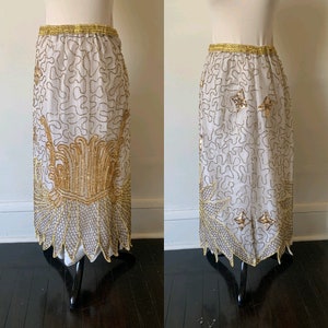 Vintage Gold and Cream Beaded Silk Midi Skirt Vintage Art Deco 1920’s Style Flapper Skirt Vintage Silk Indian Midi Skirt