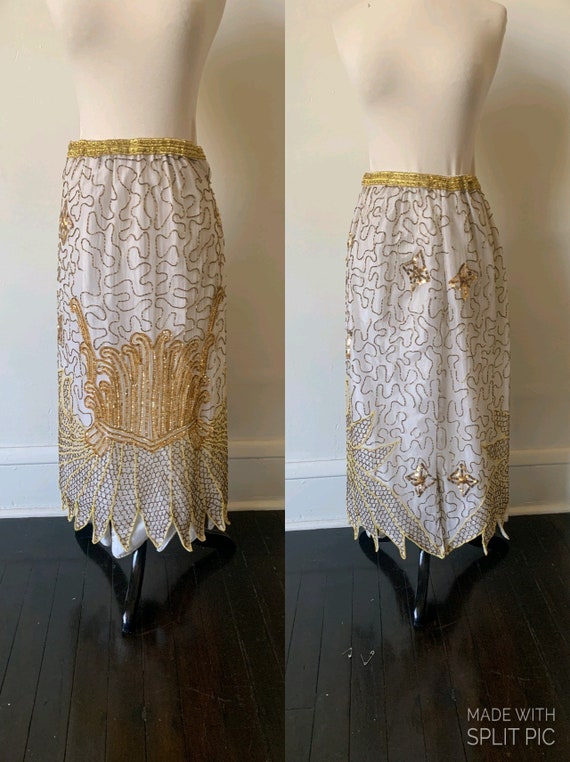Vintage Gold and Cream Beaded Silk Midi Skirt Vin… - image 1