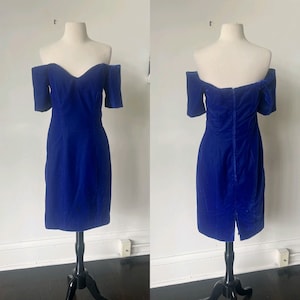 Vintage Off the Shoulder Royal Blue Velvet Dress 1990’s Velvet Mini Dress 90’s Velvet Body Con Cold Shoulder Dress