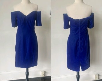 Vintage Off the Shoulder Royal Blue Velvet Dress 1990’s Velvet Mini Dress 90’s Velvet Body Con Cold Shoulder Dress