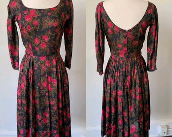 RARE L’Aiglon Vintage Mid Century Mod Red and Black Midi Dress 1950’s Floral Silk 3/4 Sleeve Midi Dress 1960’s Black Silk Rose Print Dress