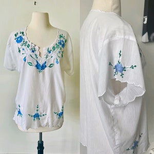 ヴィンテージ刺繍花柄ホワイトブラウス 1970年代ボヘミアンヒッピー 