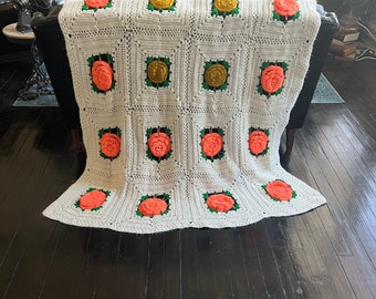 Vintage Large 3D Floral Crochet Afghan Throw Blanket 1970’s Coral and Cream Bohemian Quilt 70’s Boho Hippie Hand Made Comforter Bedspread