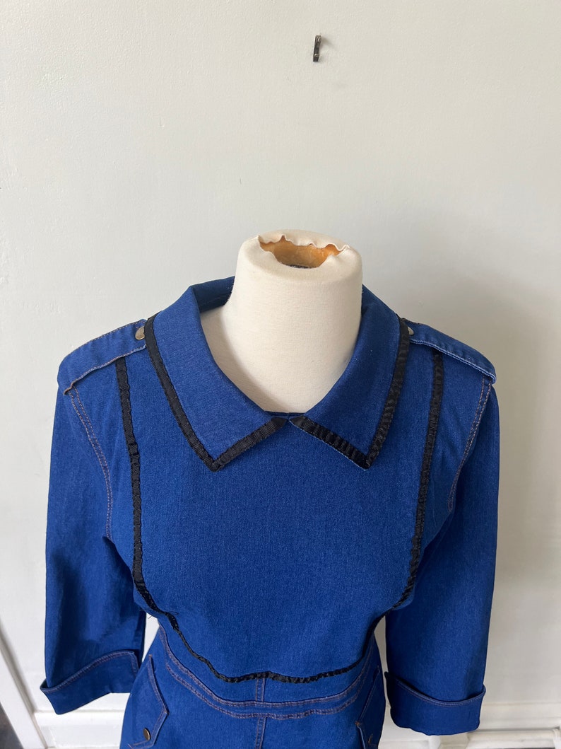 Vintage Denim Ranch Wear Country Line Dancing Dress 1980’s Peter Pan Collar Denim Midi Dress 80’s Jean Dress image 6