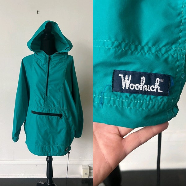 Vintage Woolrich Green Anorak Jacket 1990’s Woolrich Green and Black Kangaroo Hoodie 90’s 3/4 Zip Pullover Hoodie