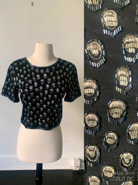 Vintage Art Deco Black Beaded Crop Top 1990’s Blac