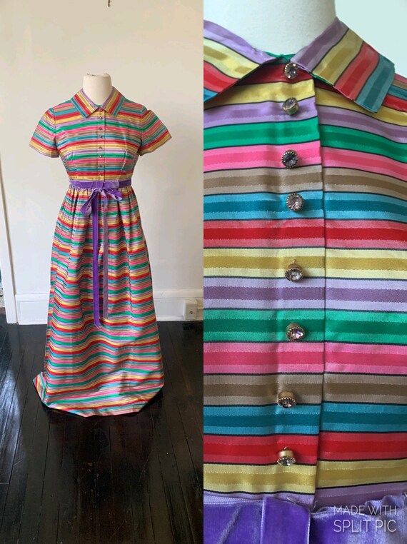 Vintage Rainbow Striped Mid Century Mod Maxi Dress