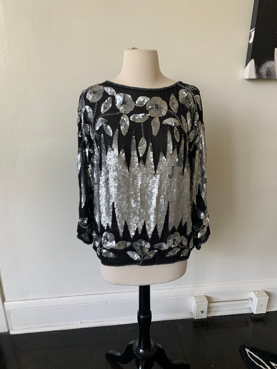 Vintage Black and Silver Sequin Blouse 1980’s Gla… - image 1