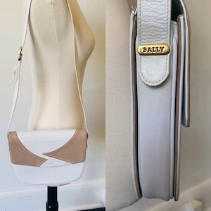 Bolsa de ombro vintage Bally autêntica de couro, anos 80, bolsa com padrão geométrico branco e bege, bolsa vintage de couro neutro