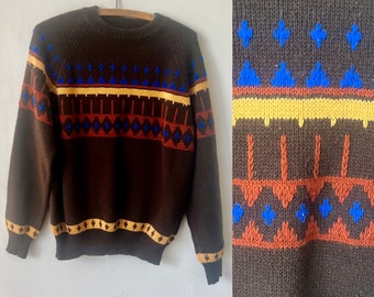 Vintage Cross Print Brown Southwestern Sweater 1980’s South Western Hipster Jumper 80’s Brown Aztec Print Boho Sweater