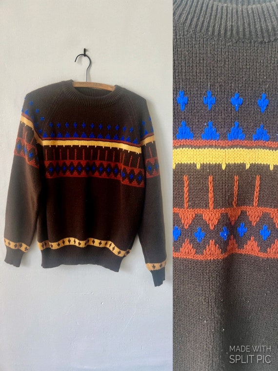 Vintage Cross Print Brown Southwestern Sweater 198