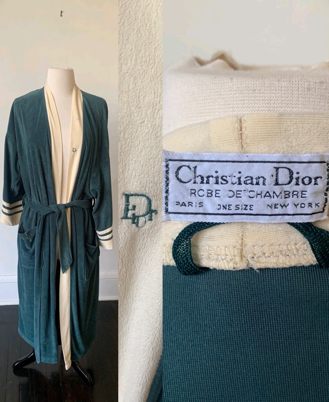 Vintage Dior Velour Bath Robe 1970 Christian Dior Robe rayée 70's