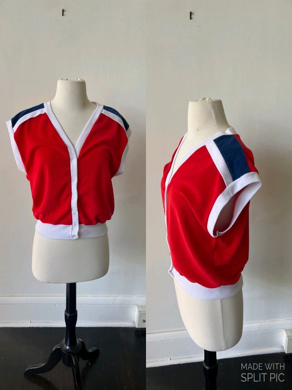 Vintage Velour Crop Top 1980’s Red White and Blue 