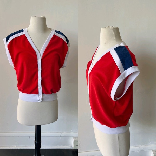 Vintage Velour Crop Top 1980’s Red White and Blue Cropped Top 80’s Hipster Deep V Neck Crop Top