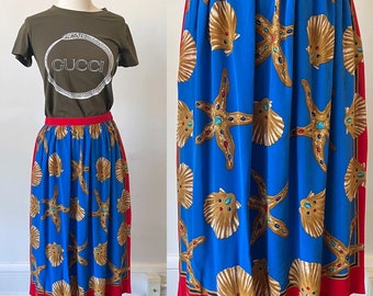 Vintage Silk High Rise Midi Skirt 1990’s Sea Shell Print Blue Midi Skirt 90’s Silk High Waisted Midi Skirt with Pockets